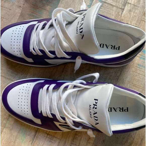 💜 Prada Downtown leather sneakers Size 12 Men’s WHITE/CYCLAMEN PINK 💜 NEW 💜 - Picture 9 of 9